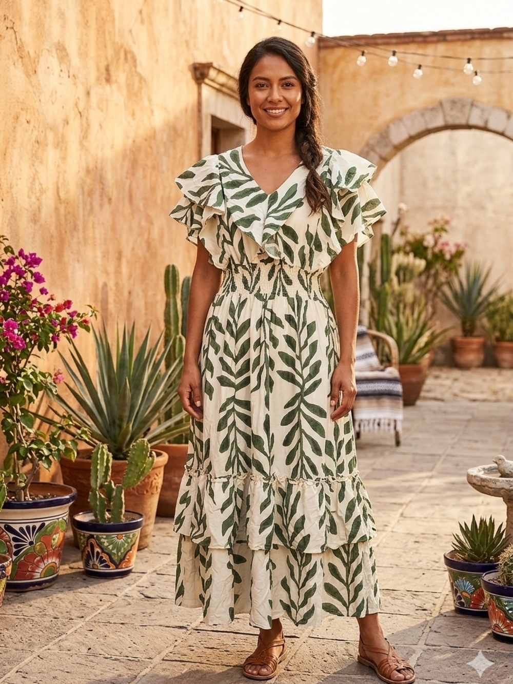 Claris NWT Green/White Leaf Print Smocked Tiered Short Sleeve Midi/Maxi Dress